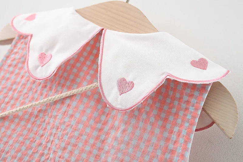 2 Pcs Summer New Dress Girl's Sleeveless Lace Heart Collar Sweet and Beautiful Plaid Button Cotton Cloth Dress