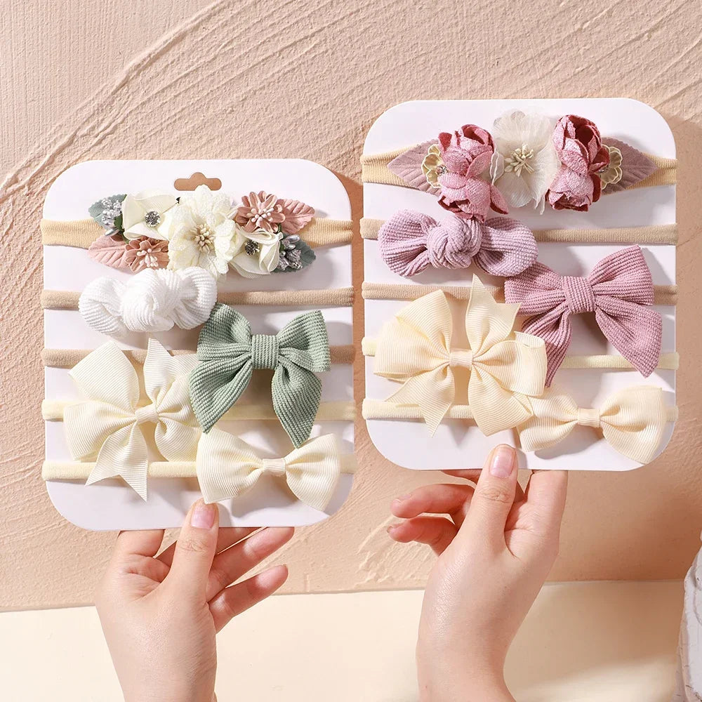 5 unids/lote, diadema elástica de nailon para bebé, banda para la cabeza con lazo de encaje y flores para recién nacido, accesorios suaves para el cabello para niña pequeña