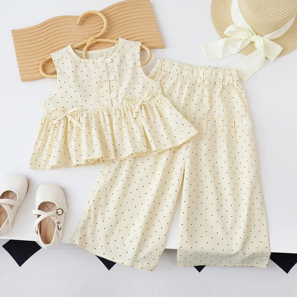 Bear Leader-Conjunto de ropa informal para niña, Top de lunares sin mangas con cuello redondo y pantalones de pierna ancha con lazo y botón, 2 piezas