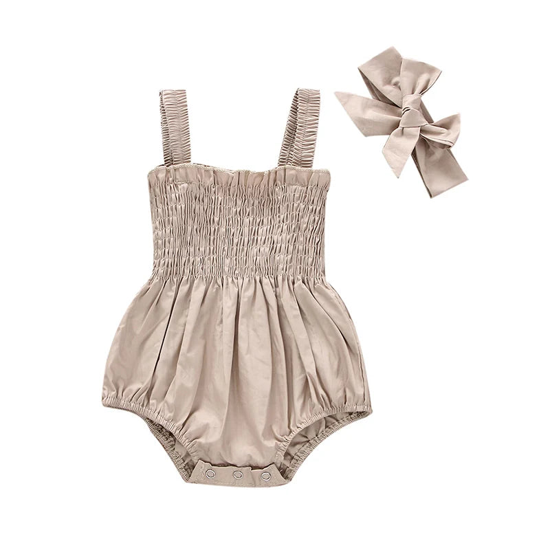 Pelele fruncido para bebé niña, ropa informal sin mangas para recién nacido con diadema, mono de verano, traje bonito para niño pequeño