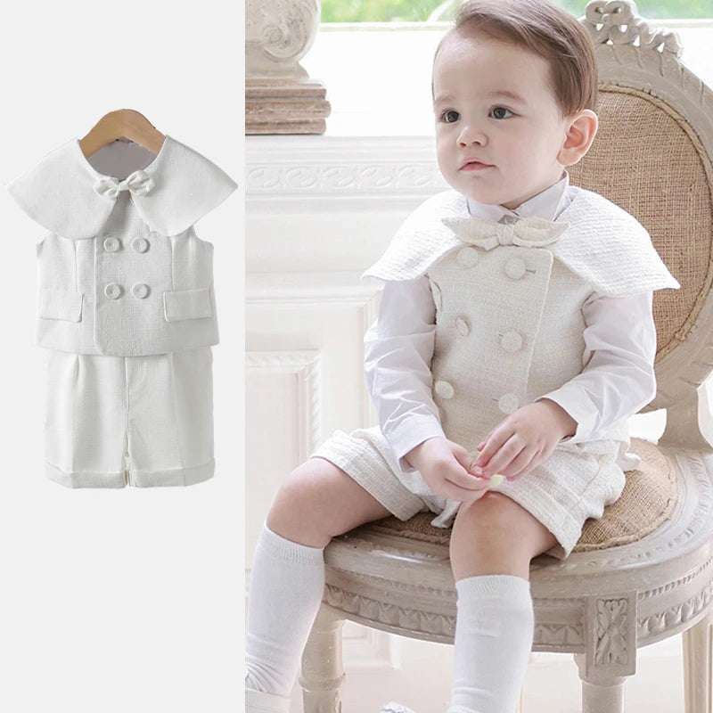 Trajes blancos para niños, vestido Formal de fiesta de bautismo a la moda, chaleco, chal, pantalones cortos, sombrero, conjuntos de 4 Uds., conjunto de ropa de Boutique de cumpleaños para niños