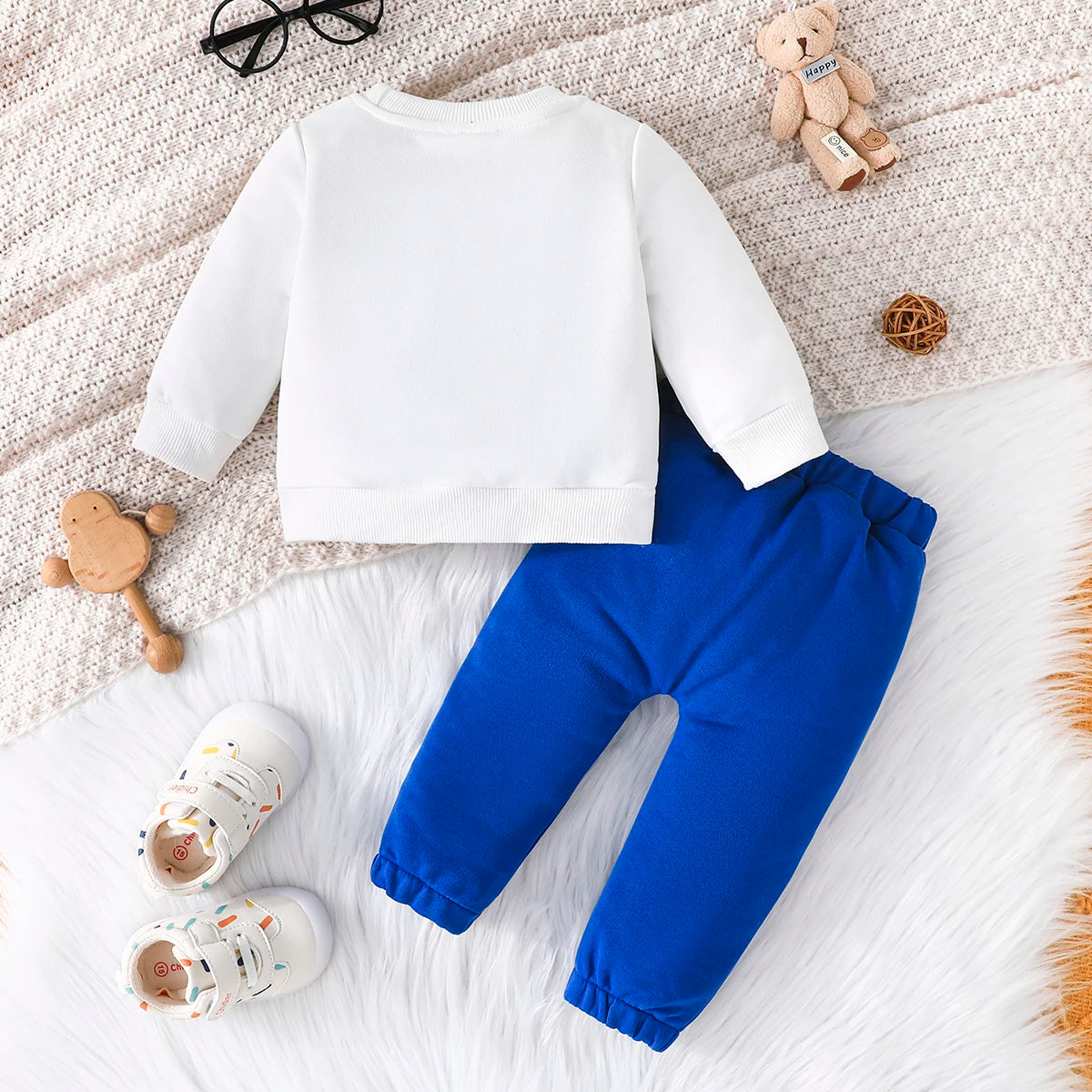 Terno para niño de 3 a 24 meses, camiseta de manga larga con estampado de oso de dibujos animados, pantalones azul marino, conjunto de ropa infantil