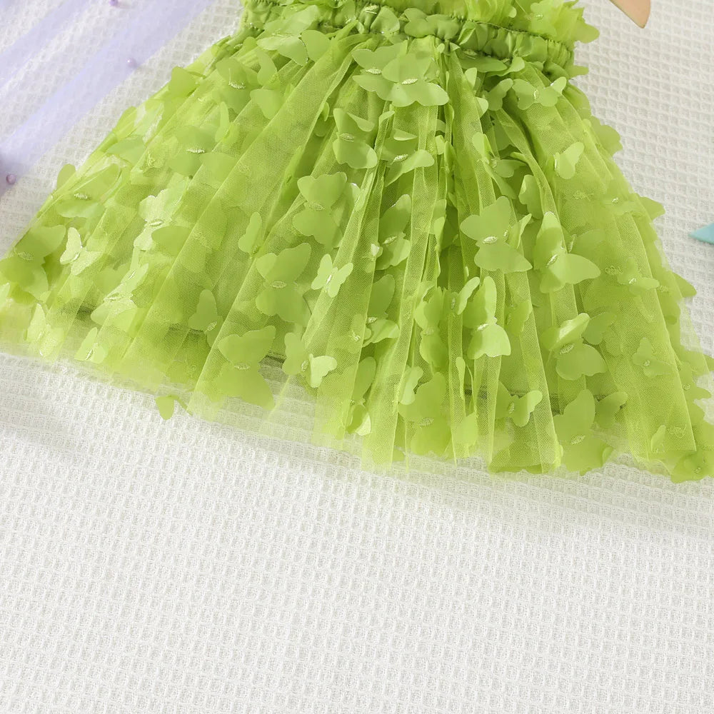 (0-3 años) novedad de verano, vestido para niñas, Color sólido, Halter, mariposa adornada, falda acampanada, vestido de princesa dulce de malla