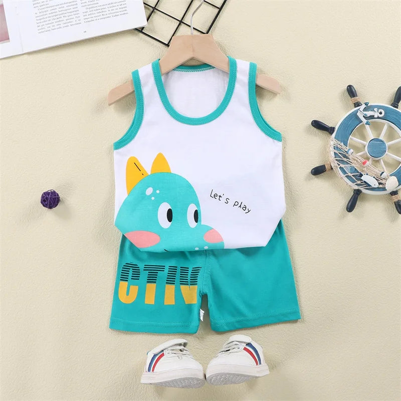 Conjunto de 2 piezas de chaleco y pantalones cortos transpirables de algodón para niños y niñas, chándal de verano con estampado de dibujos animados, ropa informal, traje de 1 a 6 años