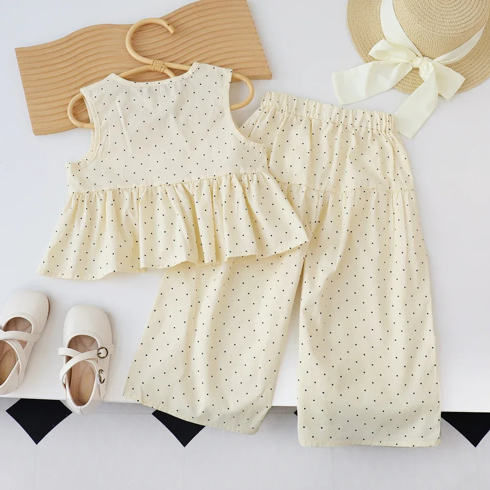 Bear Leader-Conjunto de ropa informal para niña, Top de lunares sin mangas con cuello redondo y pantalones de pierna ancha con lazo y botón, 2 piezas