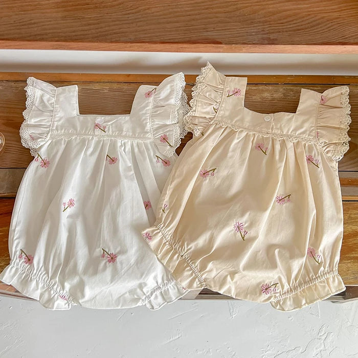 Mono para niñas recién nacidas, monos con bordado de flores de algodón y manga voladora, ropa para niñas pequeñas para verano