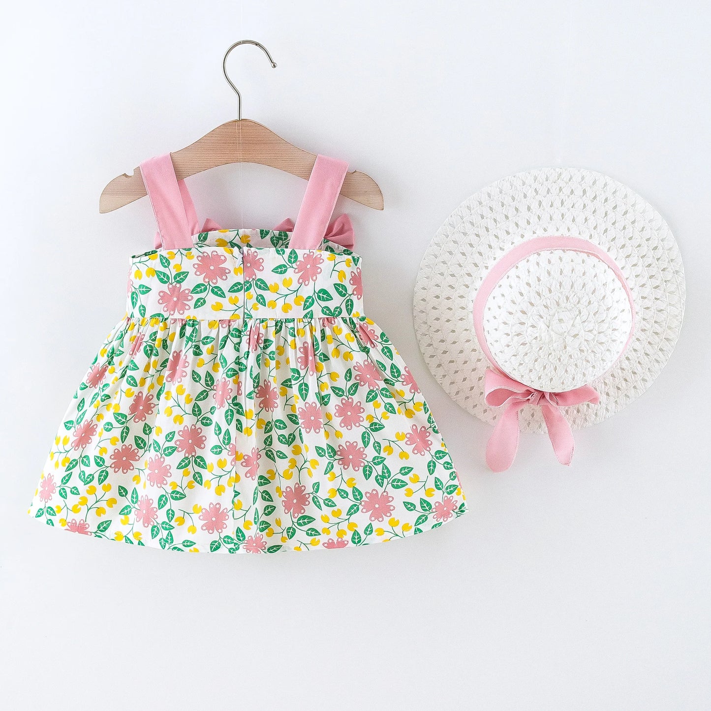 Vestido de verano para niña pequeña, versión coreana vestido Floral, elegante, algodón, pajarita, sombrero incluido