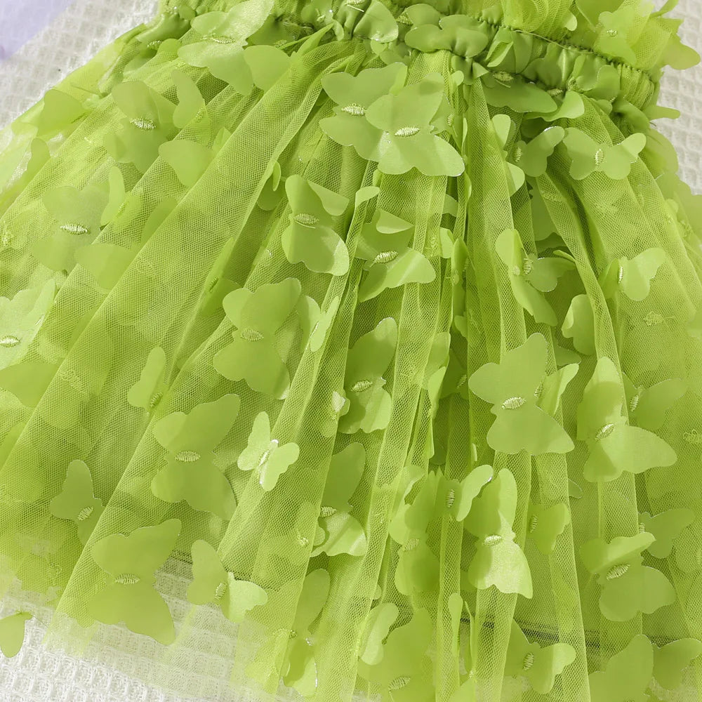 (0-3 años) novedad de verano, vestido para niñas, Color sólido, Halter, mariposa adornada, falda acampanada, vestido de princesa dulce de malla