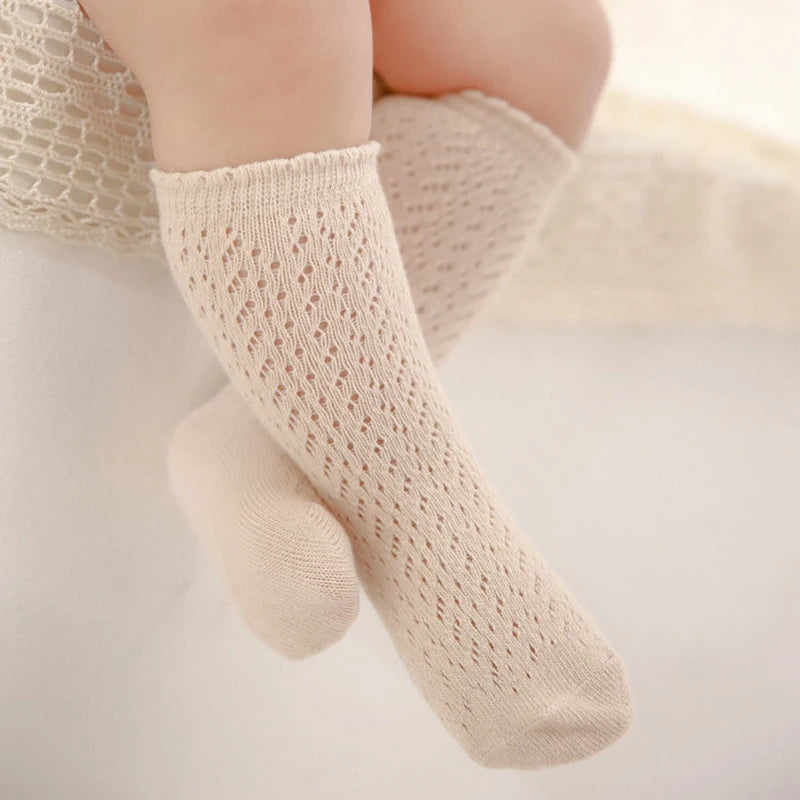Calcetines de malla de punto para niñas pequeñas, medias de tubo largo hasta la rodilla, suaves, de algodón, para verano