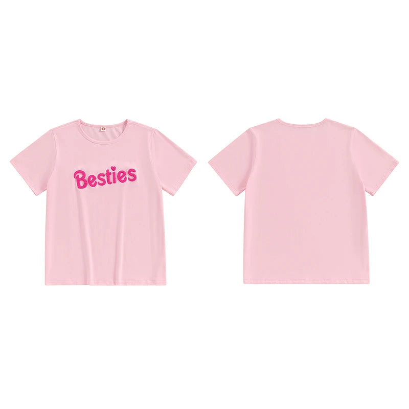 Ropa a juego para madre e hija, camiseta de manga corta con bordado de letras y cuello redondo para verano