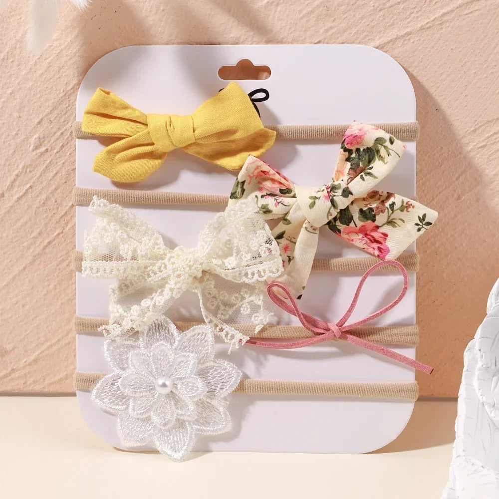 5 unids/lote, diadema elástica de nailon para bebé, banda para la cabeza con lazo de encaje y flores para recién nacido, accesorios suaves para el cabello para niña pequeña