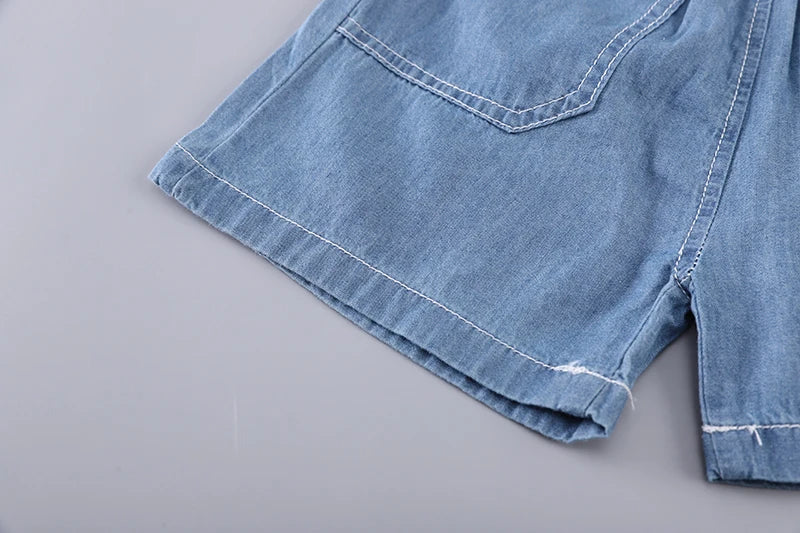 Nuevos conjuntos de ropa vaquera de verano para niños, camiseta Lerrer de dibujos animados a la moda para niños, pantalones cortos, 2 uds., trajes informales para bebés