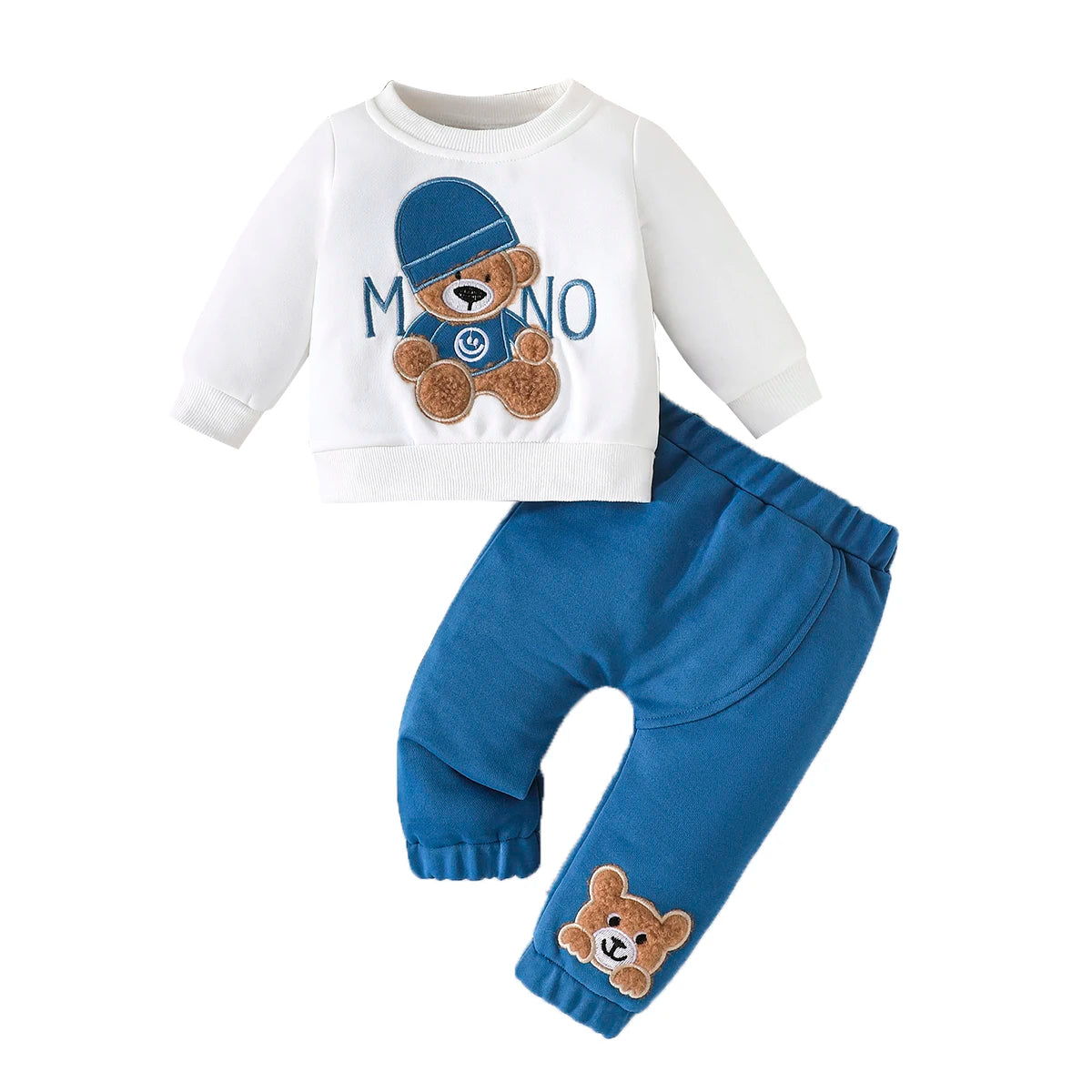 Terno para niño de 3 a 24 meses, camiseta de manga larga con estampado de oso de dibujos animados, pantalones azul marino, conjunto de ropa infantil