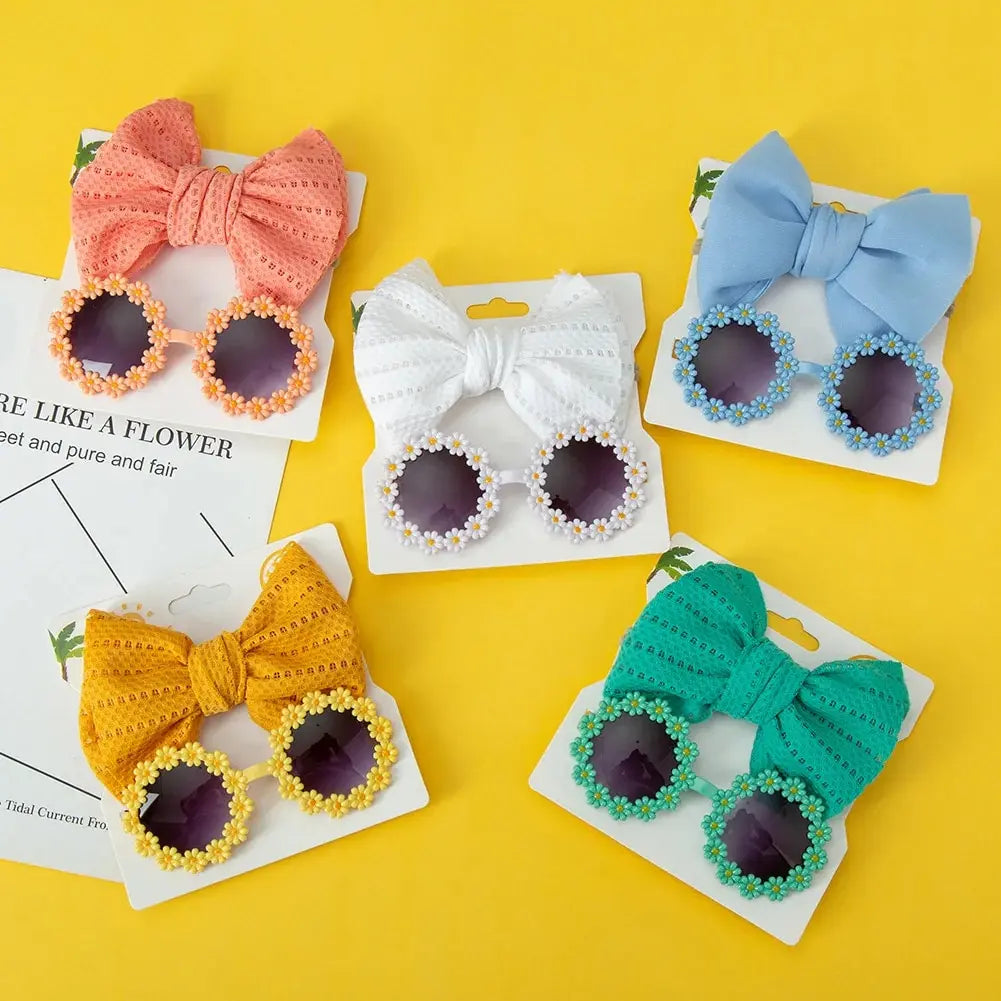 Juego de 2 uds de gafas de sol para niños, diadema con margaritas y flores, gafas de sol redondas para niños pequeños, gafas de protección solar para niñas