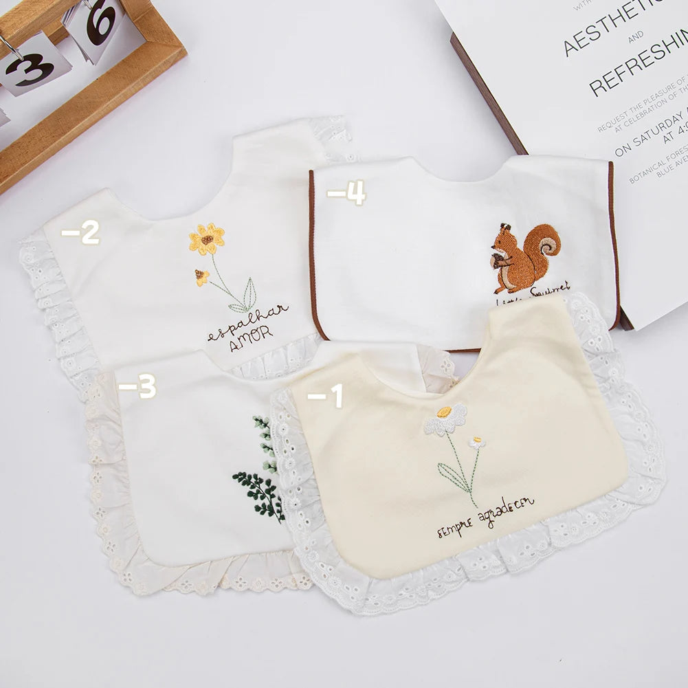 Baberos de algodón para bebés, niños y niñas, toalla de Saliva bordada con flores y zorro, paño para eructar para alimentación infantil, bufanda cuadrada coreana con lazo negro