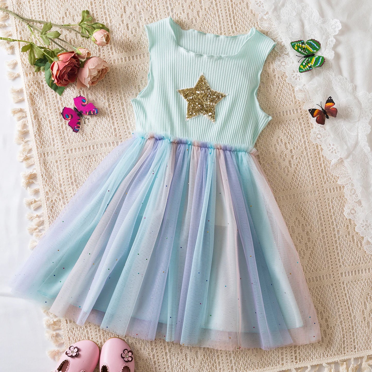 Vestido de verano para niñas pequeñas, tutú de malla hinchado, vestido con tirantes y bordado Floral de princesa, ropa de fiesta de cumpleaños para niñas pequeñas
