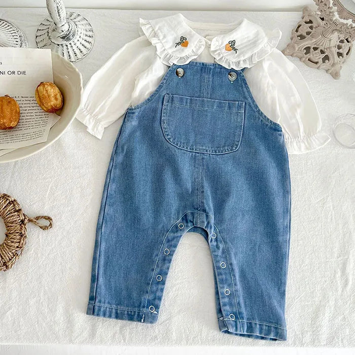 Traje de ropa para niños, conjunto de ropa para niñas pequeñas, camisa bordada de manga larga + mono vaquero, traje de ropa de otoño y primavera