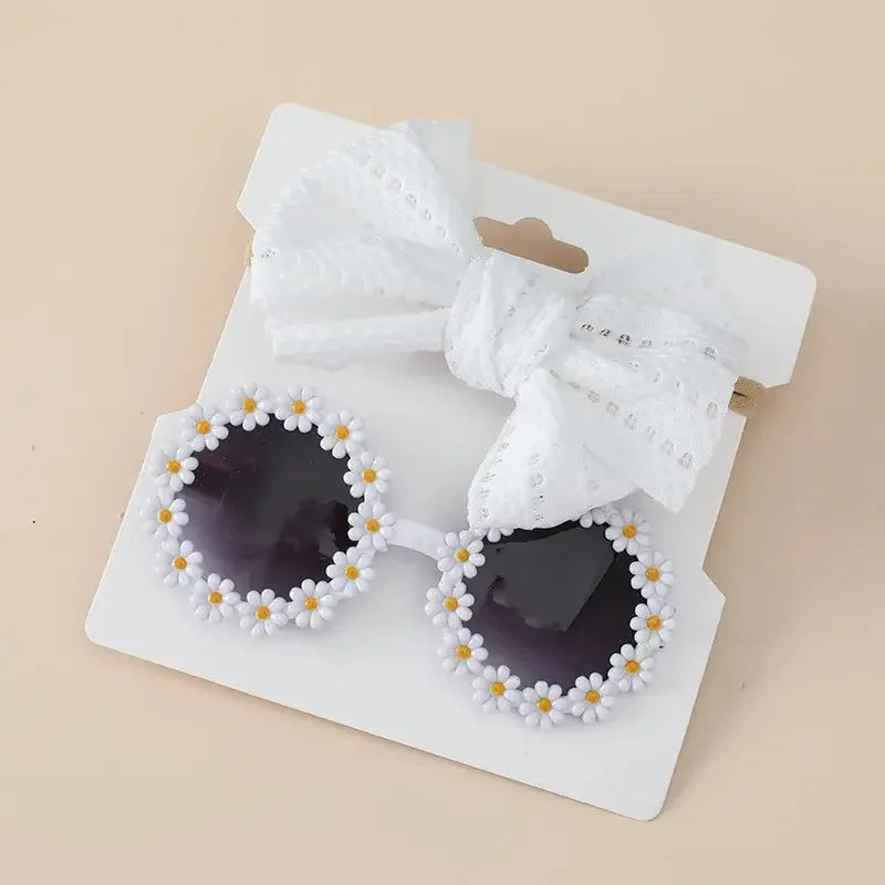Juego de 2 uds de gafas de sol para niños, diadema con margaritas y flores, gafas de sol redondas para niños pequeños, gafas de protección solar para niñas