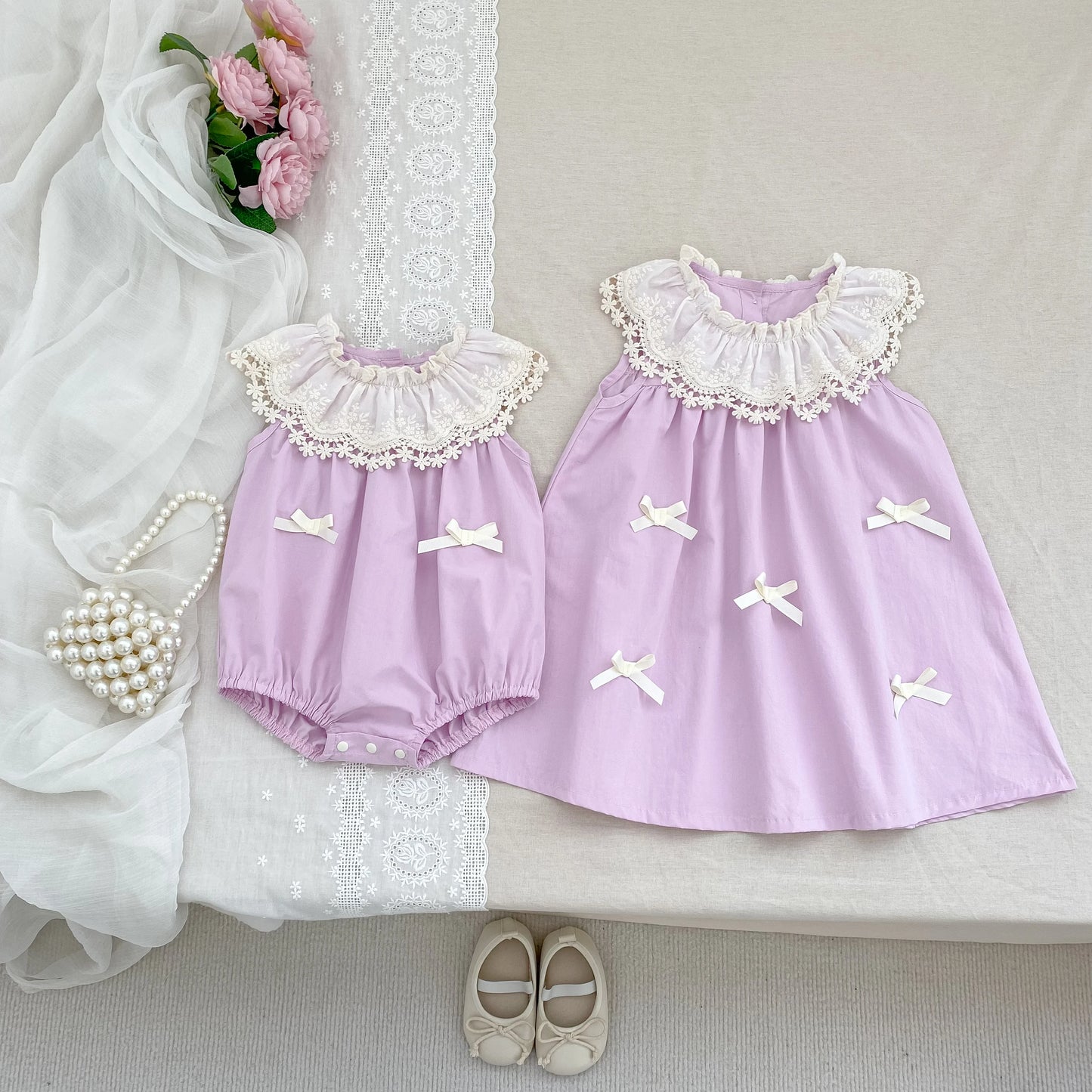 Vestido de encaje con cuello de pétalo para hermanas, peleles para bebés, ropa para niñas, vestido de princesa para fiesta con lazo, ropa dulce y bonita para niños
