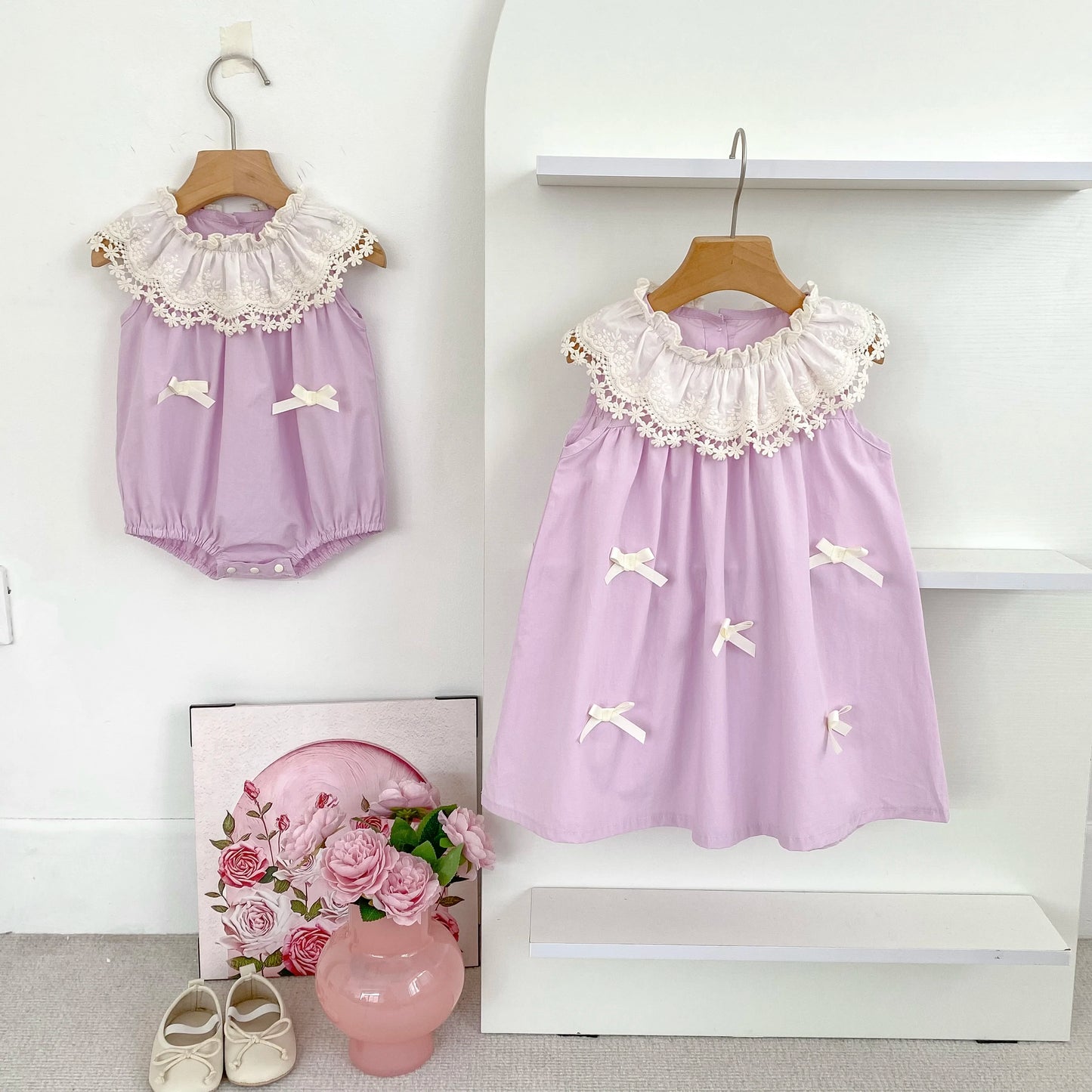 Vestido de encaje con cuello de pétalo para hermanas, peleles para bebés, ropa para niñas, vestido de princesa para fiesta con lazo, ropa dulce y bonita para niños