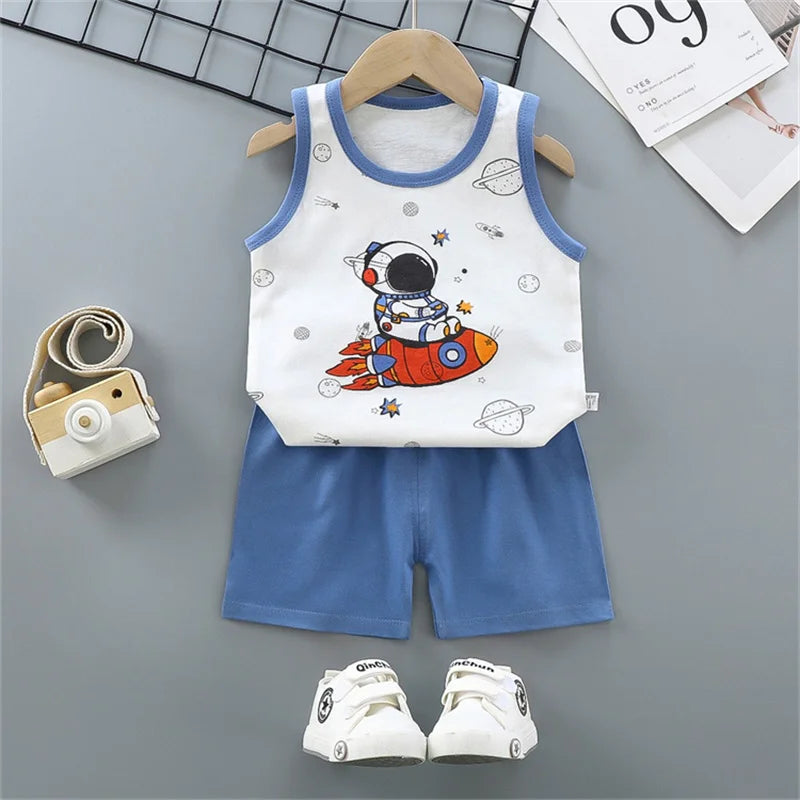 Conjunto de 2 piezas de chaleco y pantalones cortos transpirables de algodón para niños y niñas, chándal de verano con estampado de dibujos animados, ropa informal, traje de 1 a 6 años