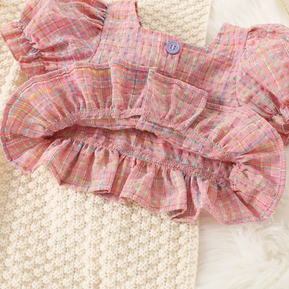 Conjunto de dos piezas de algodón a cuadros para niña, Top de manga de burbuja y pantalones cortos, estilo princesa, verano, 0 a 3 años