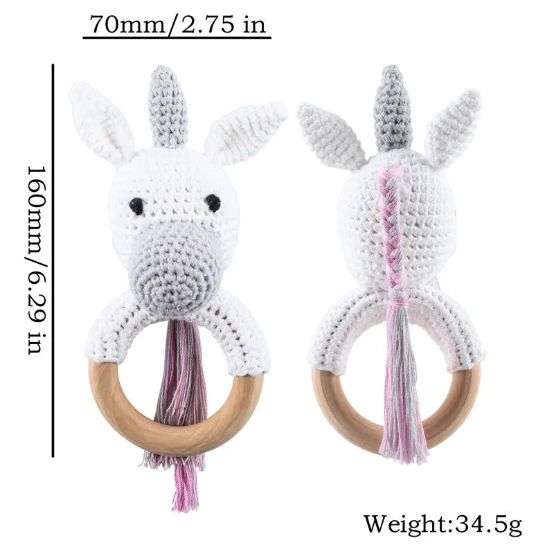 1 unidad de juguetes de sonajero para bebé, diseño de ganchillo de madera, conejo, conejo, zorro León, BearToy, regalo para recién nacido, mordedor de bebé, Crochet, nombre personalizado