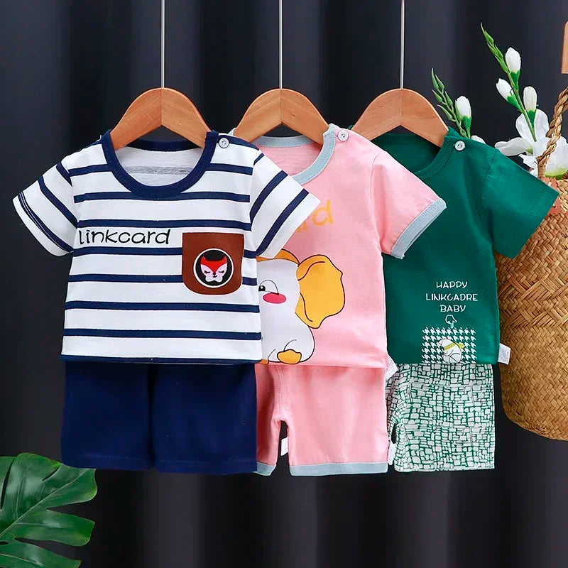 2025 New Korean Style Kids Cotton Short Sleeve Outfits Summer Girls Boys T-shirts Two-Piece Set Baby Infant Clothes