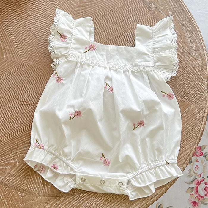 Mono para niñas recién nacidas, monos con bordado de flores de algodón y manga voladora, ropa para niñas pequeñas para verano