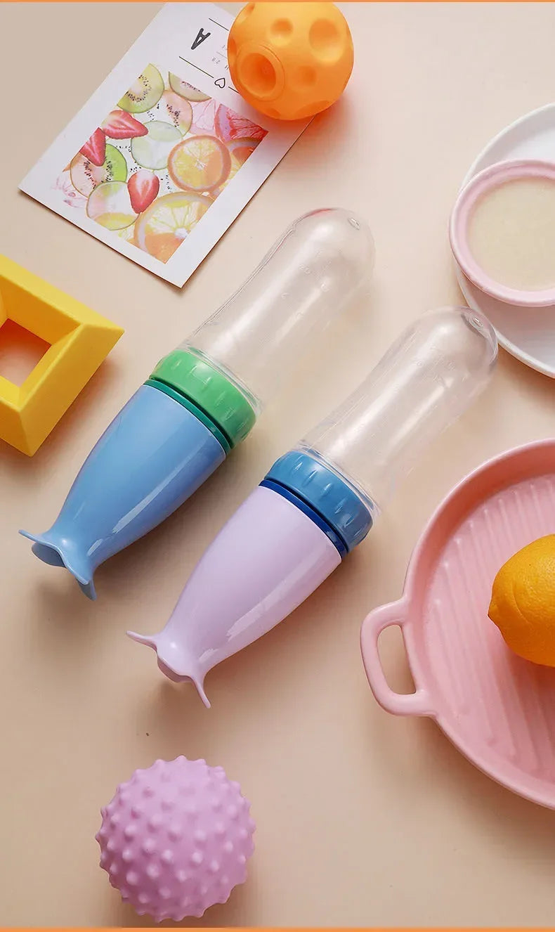 Biberón de silicona útil y seguro con cuchara, suplemento alimenticio, botellas de cereales de arroz, cuchara para apretar, biberón de leche