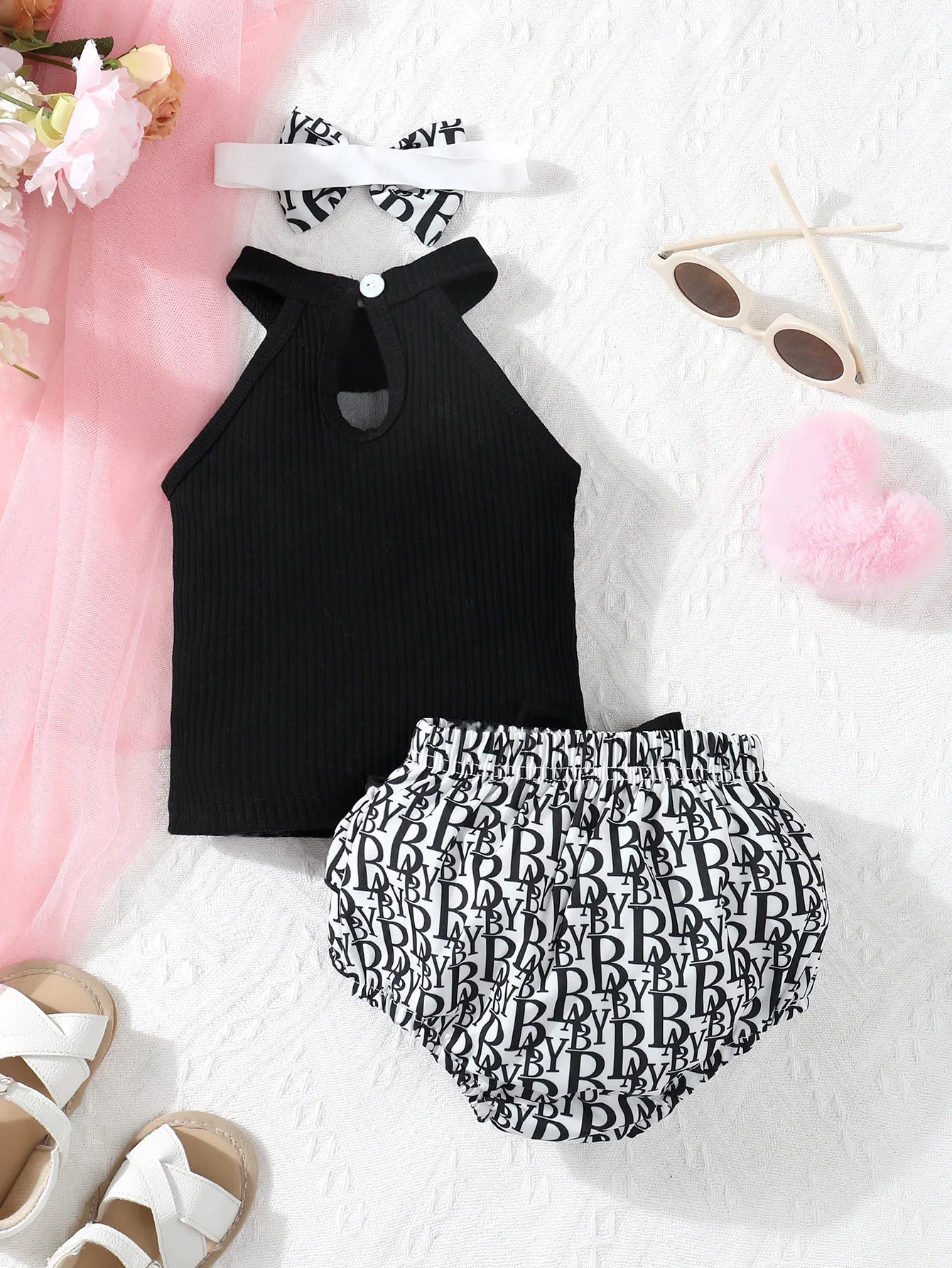 Conjunto de pantalones triangulares con lazo de encaje doble para recién nacido, Top sin mangas con estampado de marca Lmitation informal bonito de verano para recién nacido