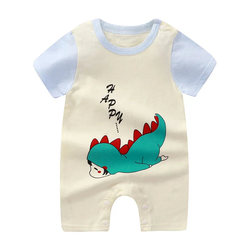 Nueva ropa de verano para bebés recién nacidos, niños y niñas, sección de impresión de dibujos animados de manga corta, ropa de escalada con archivo abierto, mono para bebé