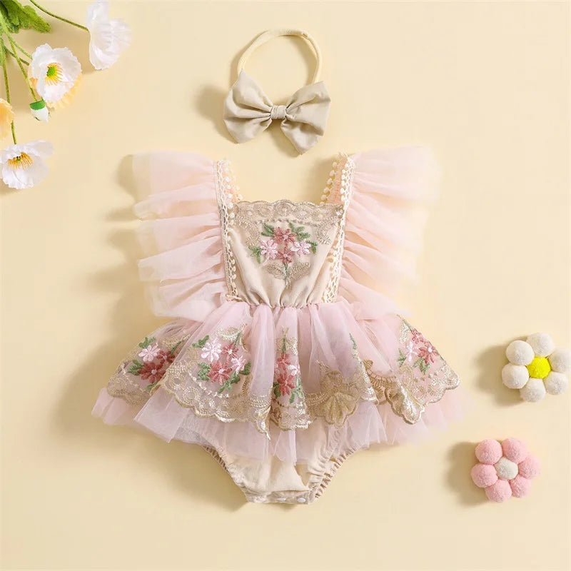 Pudcoco-traje para niña recién nacida, mameluco de manga con mosca de flores bordadas, diadema con lazo, ropa de verano de 0 a 24 meses