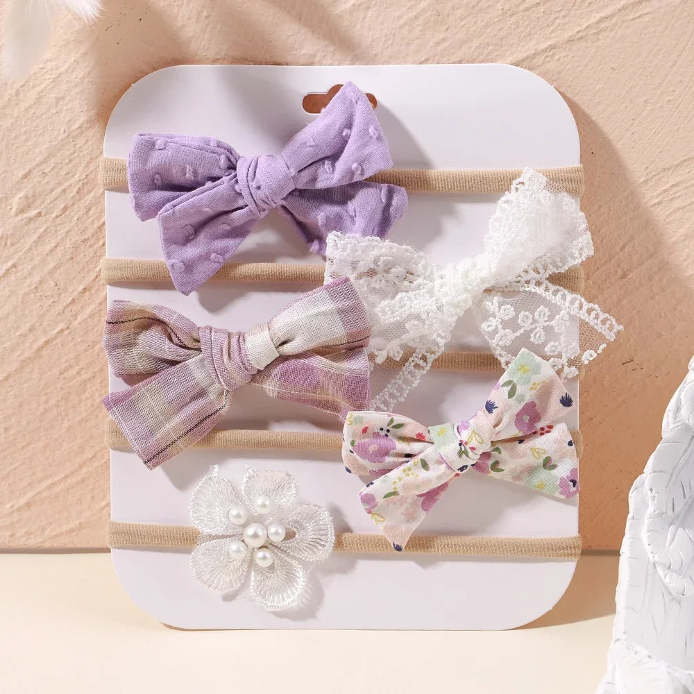 5 unids/lote, diadema elástica de nailon para bebé, banda para la cabeza con lazo de encaje y flores para recién nacido, accesorios suaves para el cabello para niña pequeña