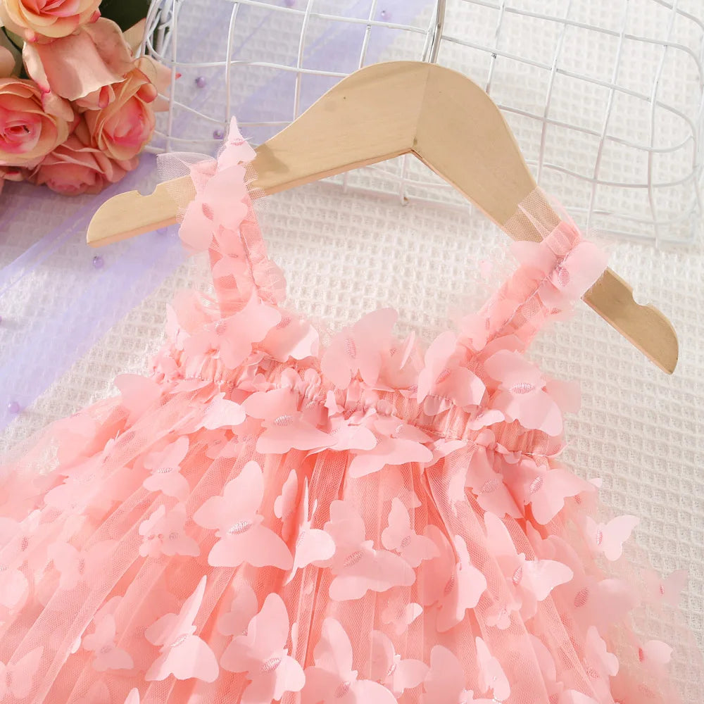 (0-3 años) novedad de verano, vestido para niñas, Color sólido, Halter, mariposa adornada, falda acampanada, vestido de princesa dulce de malla