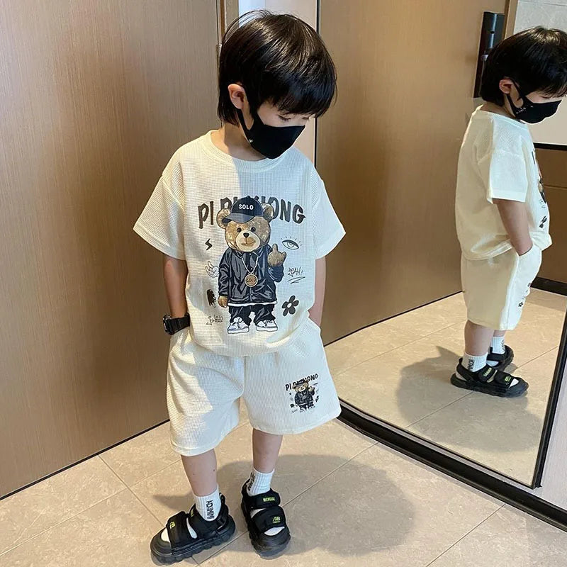 Camiseta y pantalones cortos de estilo coreano para niños de 1 a 12 años, conjuntos de ropa de 2 piezas, traje deportivo informal de verano con Oso de dibujos animados, a la moda