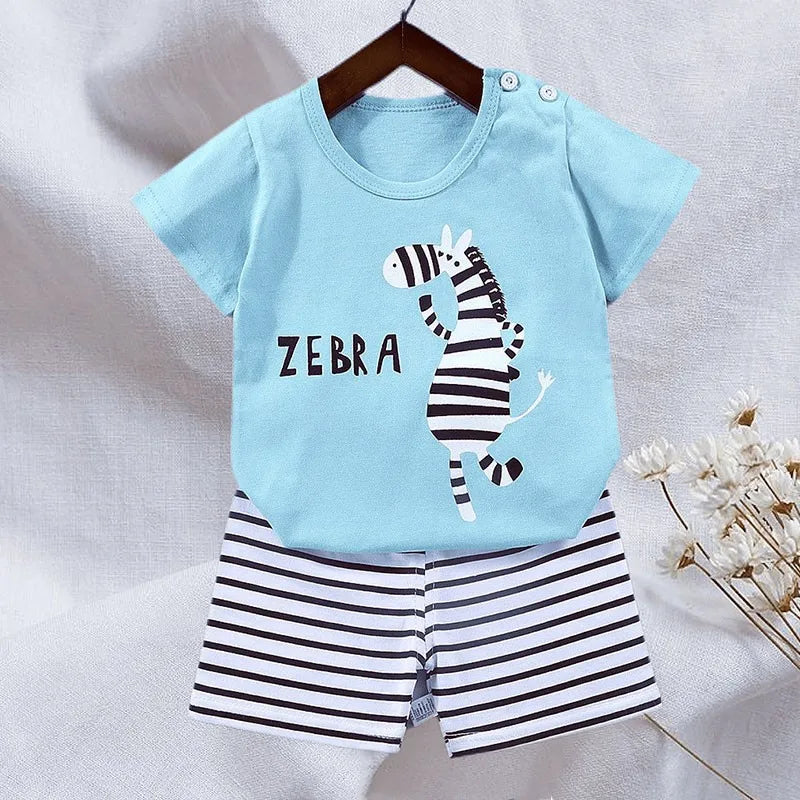 Camisetas de algodón + Pantalones cortos, conjunto de chándal de 2 piezas, traje de verano con estampado de dinosaurio y cebra de dibujos animados para niños y niñas, ropa para bebés de 1 a 6 años
