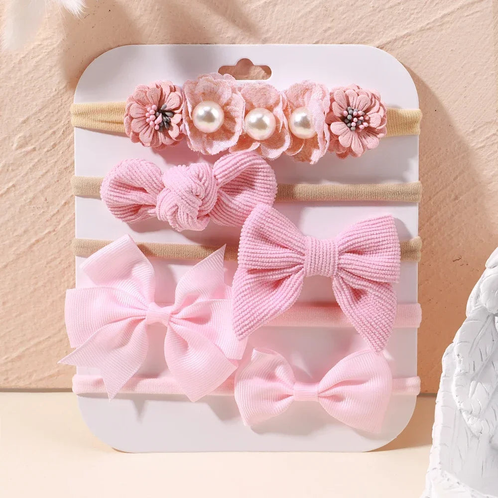 5 unids/lote, diadema elástica de nailon para bebé, banda para la cabeza con lazo de encaje y flores para recién nacido, accesorios suaves para el cabello para niña pequeña
