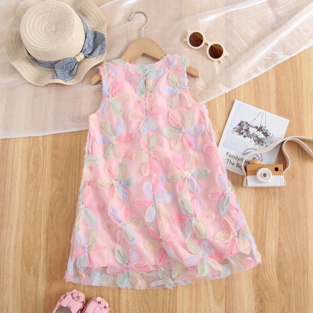 Vestido de verano para niña, vestido de princesa sin mangas a la moda de gasa de red Floral con lazo grande, vestidos informales para niñas de 3 a 7 años