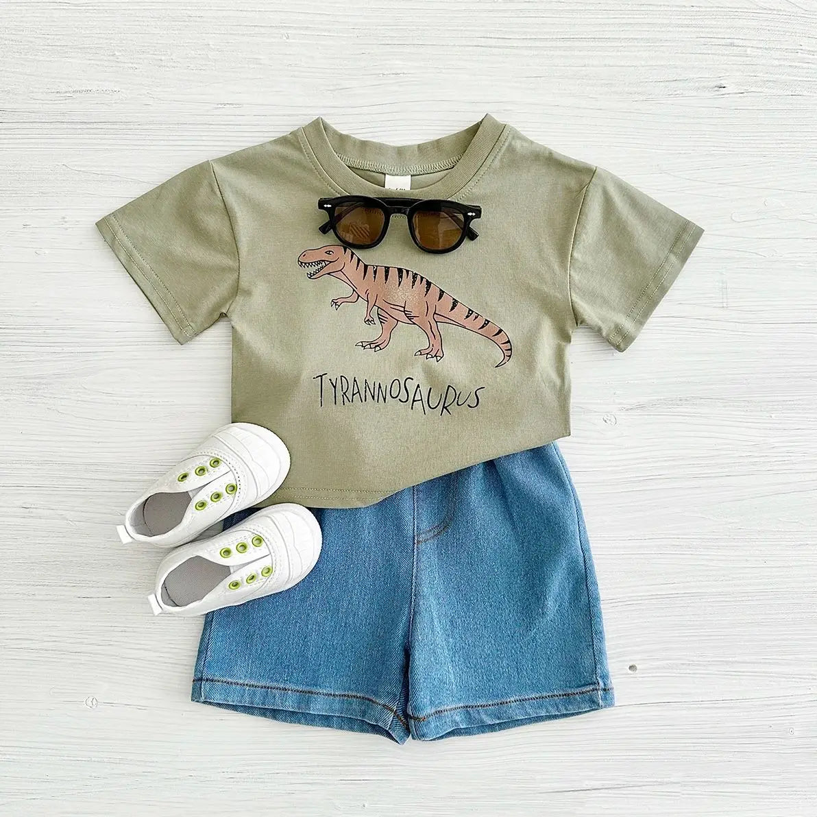2024 Newborn Baby Boys Clothing Summer Set Cartoon Dinosaur Print Cotton Short Sleeved Denim Shorts Girl Clothes 0-3 Years