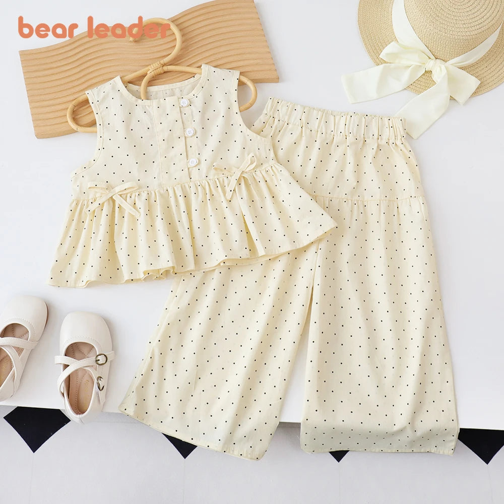Bear Leader-Conjunto de ropa informal para niña, Top de lunares sin mangas con cuello redondo y pantalones de pierna ancha con lazo y botón, 2 piezas