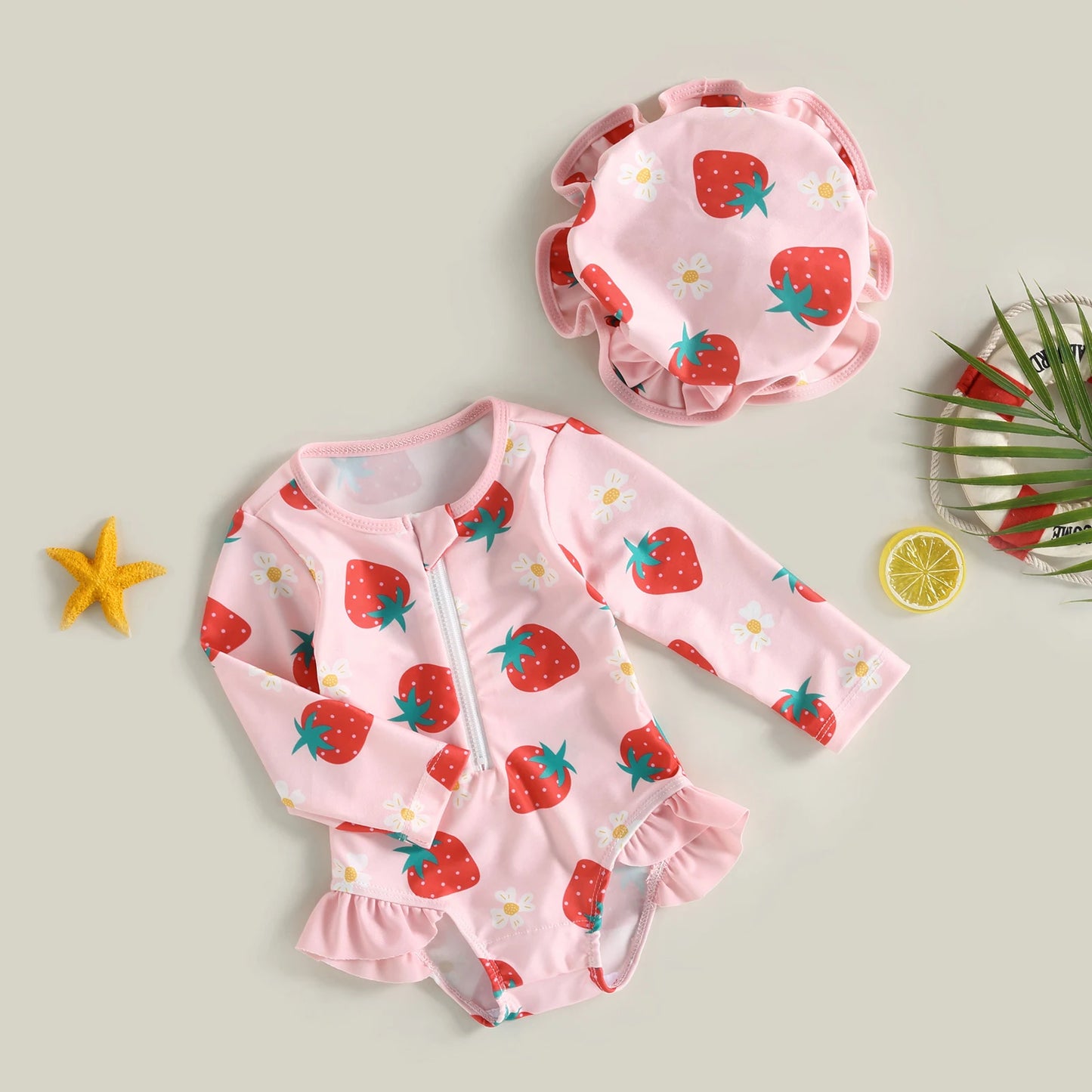 Traje de baño de manga larga para bebé y niña pequeña, Bañador con estampado de fresas y sombrero para el sol, 6M-3T