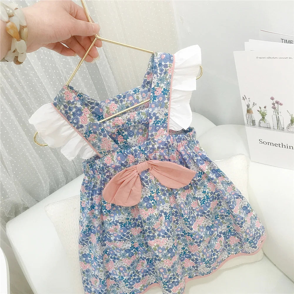 Vestido de flores fragmentadas para niñas, ropa de bebé, lazo de algodón, mangas voladoras pequeñas, vestido de princesa para niños, verano, nuevo