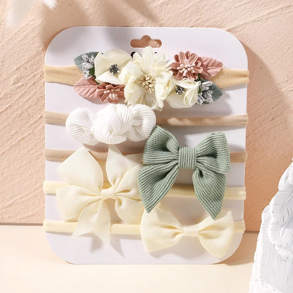 5 unids/lote, diadema elástica de nailon para bebé, banda para la cabeza con lazo de encaje y flores para recién nacido, accesorios suaves para el cabello para niña pequeña