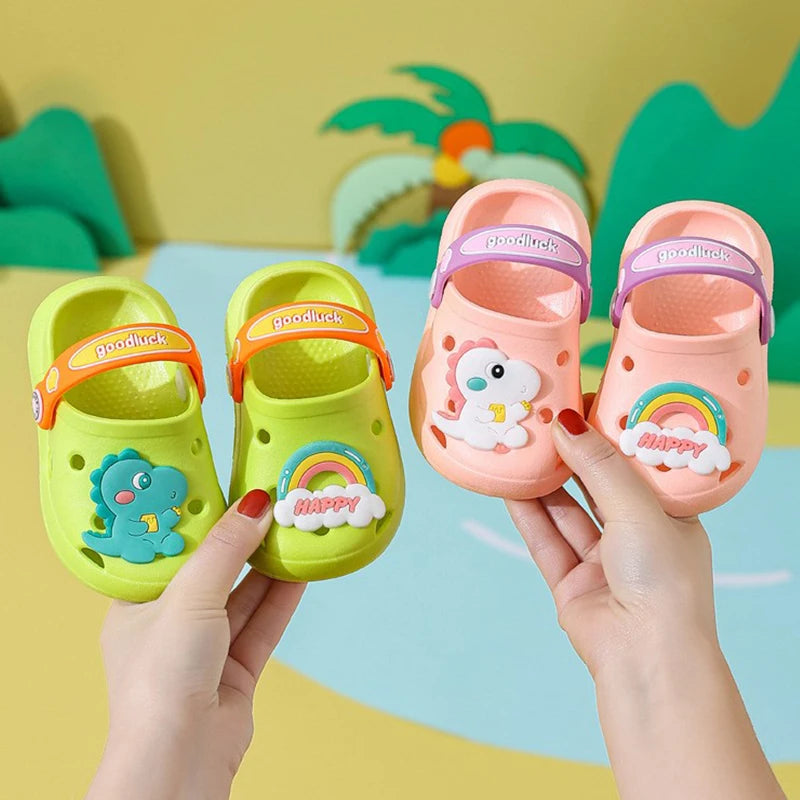 Zapatillas de baño para chico, sandalias de dinosaurio de dibujos animados, sandalias de verano para niño y niña, zapatillas antideslizantes de plástico suave para jardín