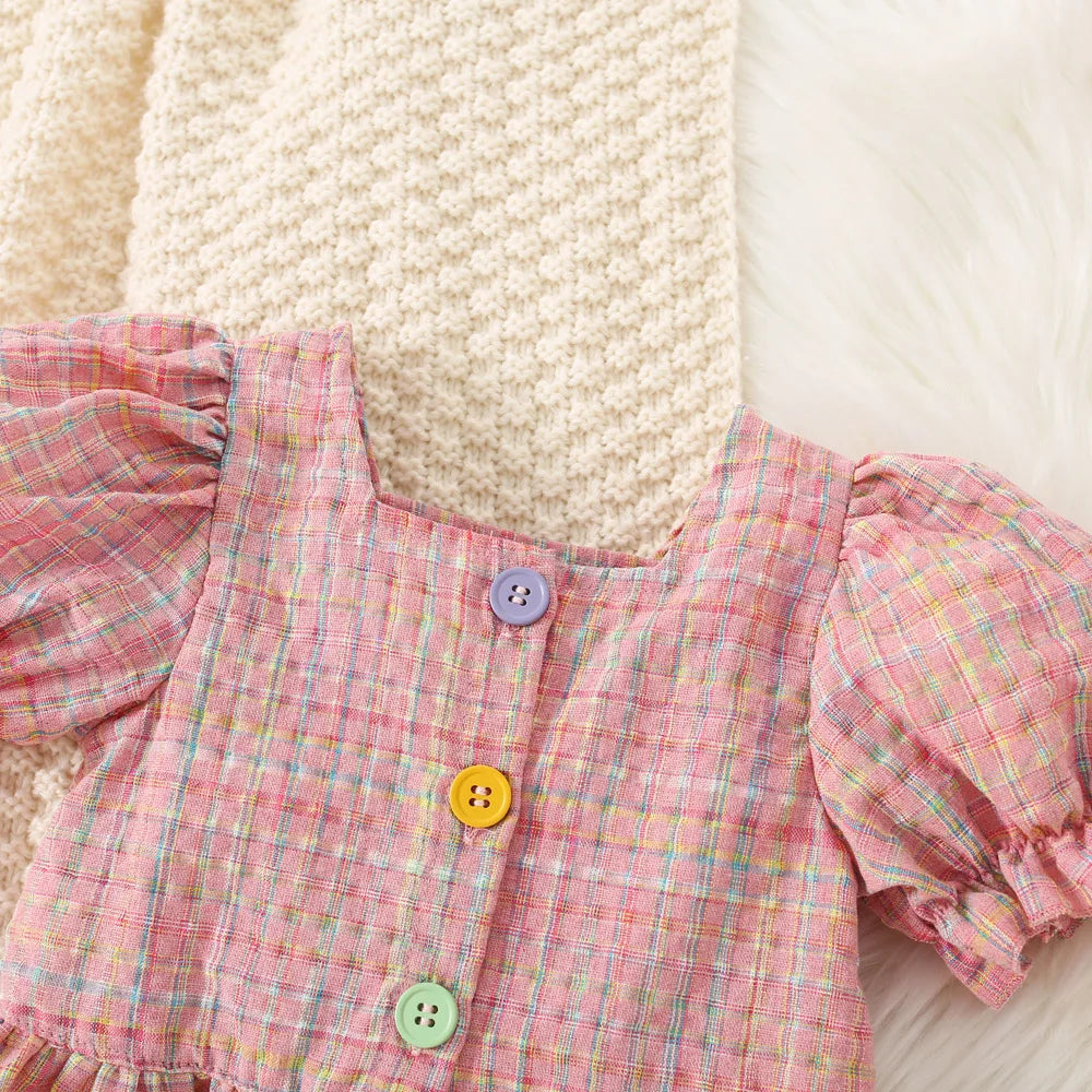 Conjunto de dos piezas de algodón a cuadros para niña, Top de manga de burbuja y pantalones cortos, estilo princesa, verano, 0 a 3 años
