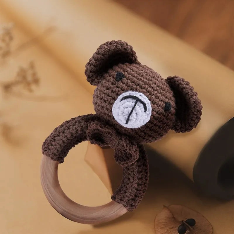 1 unidad de juguetes de sonajero para bebé, diseño de ganchillo de madera, conejo, conejo, zorro León, BearToy, regalo para recién nacido, mordedor de bebé, Crochet, nombre personalizado