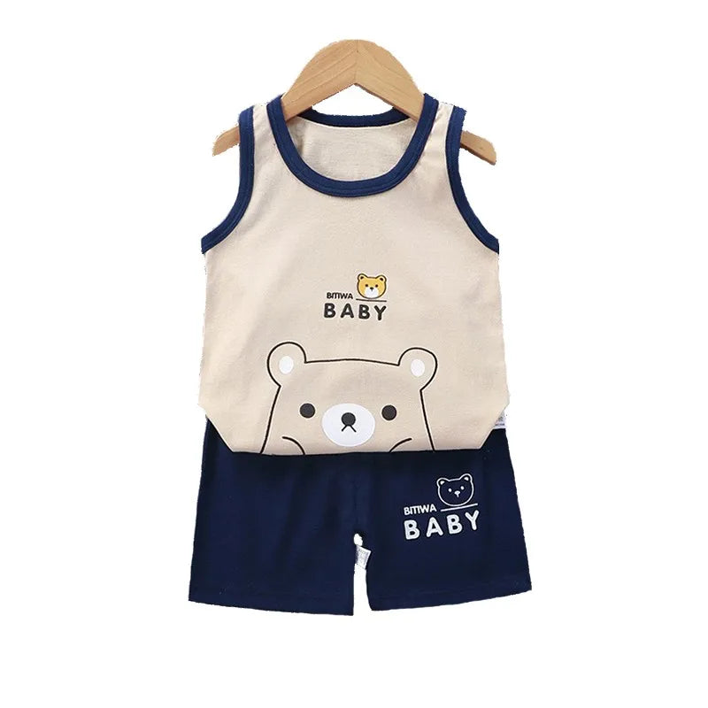 Conjunto de 2 piezas de chaleco y pantalones cortos transpirables de algodón para niños y niñas, chándal de verano con estampado de dibujos animados, ropa informal, traje de 1 a 6 años