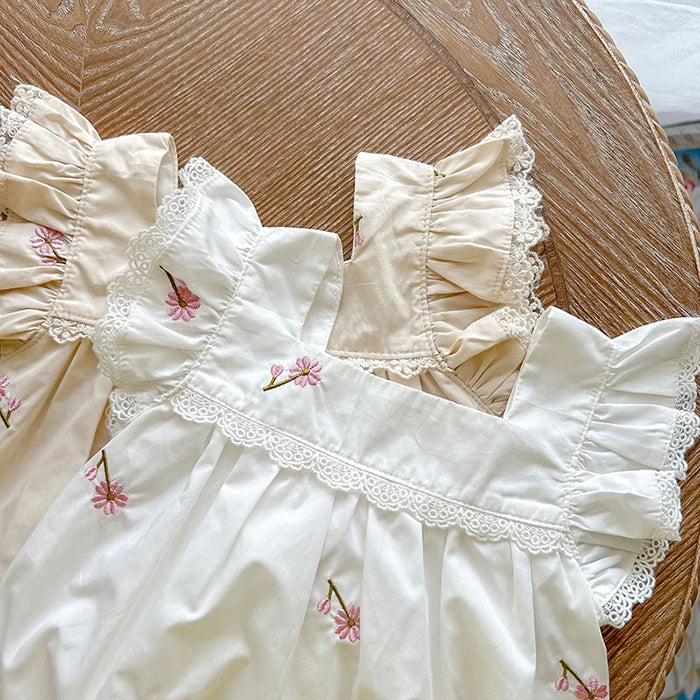 Mono para niñas recién nacidas, monos con bordado de flores de algodón y manga voladora, ropa para niñas pequeñas para verano