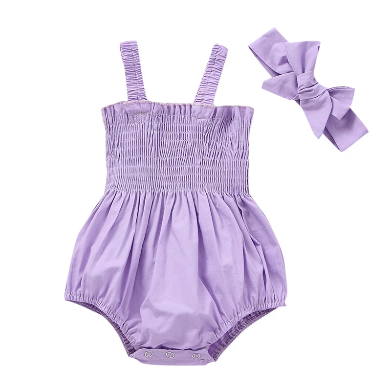 Pelele fruncido para bebé niña, ropa informal sin mangas para recién nacido con diadema, mono de verano, traje bonito para niño pequeño